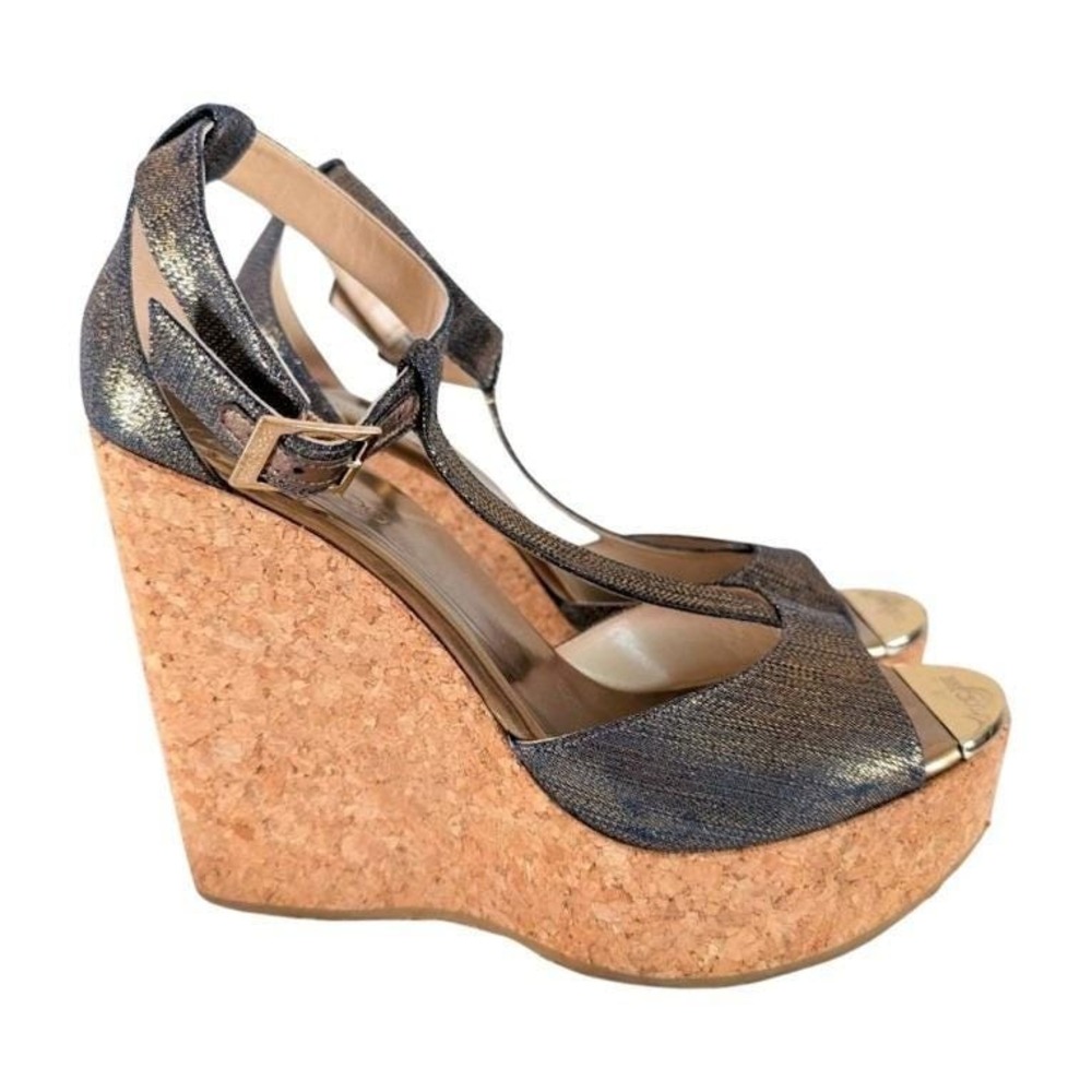 Jimmy Choo Metallic Denim Wedge‎ Sandals Indigo Gold Size 39 - Picture 4 of 9